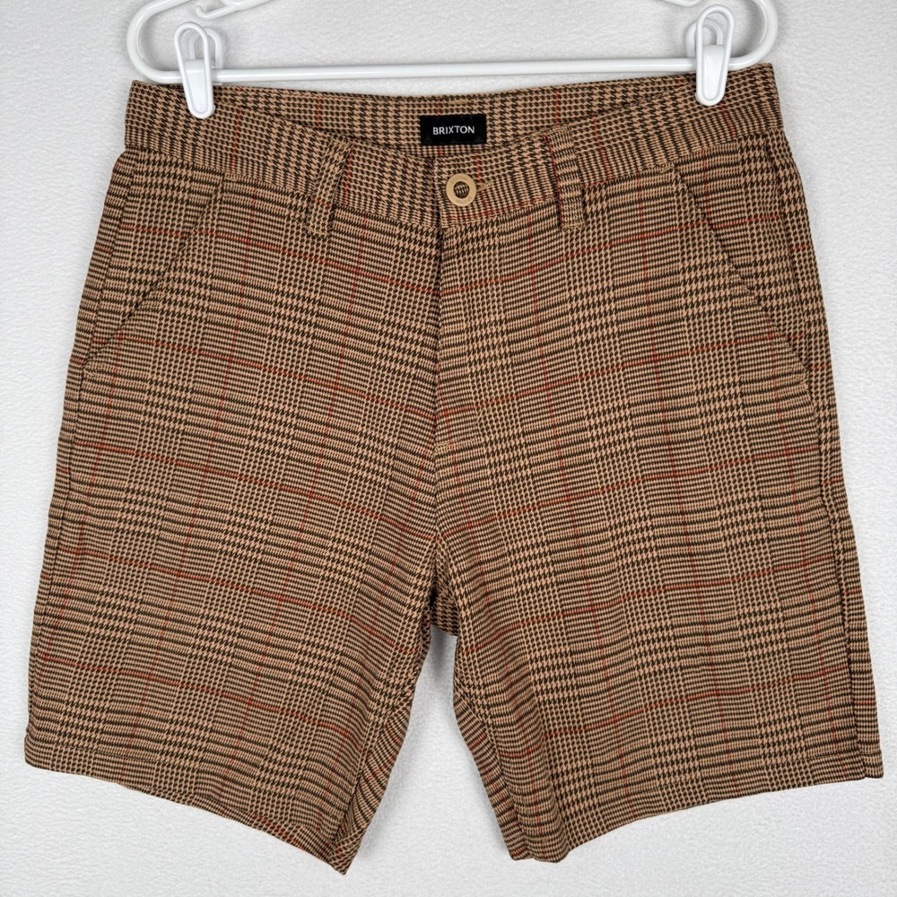Brixton Choice Chino Shorts Mens 32 Brown Houndtooth Plaid Regular Fit Stretch